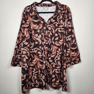 Catherines Womens 3X Black Brown Paisley Floral Button Up Shirt Boho Cottagecore